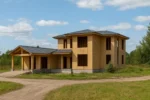 Дом «А-354», 354 м², 2 этажа, в черновой отделке: коробка из СИП-панелей OSB-3, вальмовая кровля из металлочерепицы, проёмы без окон и дверей, в проёмах видны сосновые балки перекрытия