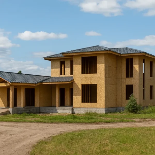 Дом «А-354», 354 м², 2 этажа, в черновой отделке: коробка из СИП-панелей OSB-3, вальмовая кровля из металлочерепицы, проёмы без окон и дверей, в проёмах видны сосновые балки перекрытия
