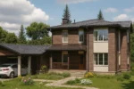 Проект дома «А-354Б» из СИП-панелей, 354 м² — двухэтажный дом с коричневым фасадом, серой крышей и гаражом | HotWell.KZ
