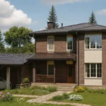 Проект дома «А-354Б» из СИП-панелей, 354 м² — двухэтажный дом с коричневым фасадом, серой крышей и гаражом | HotWell.KZ