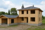 Дом «А-354Б», 354 м², 2 этажа, в черновой отделке: коробка из СИП-панелей OSB-3, вальмовая кровля из металлочерепицы, проёмы без окон и дверей, в проёмах видны сосновые балки перекрытия
