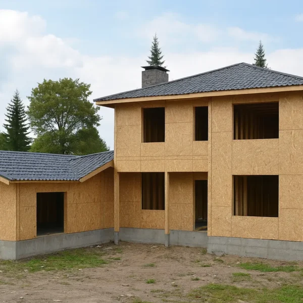 Дом «А-354Б», 354 м², 2 этажа, в черновой отделке: коробка из СИП-панелей OSB-3, вальмовая кровля из металлочерепицы, проёмы без окон и дверей, в проёмах видны сосновые балки перекрытия