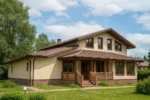Проект дома «А-404» из СИП-панелей, 404 м² — двухэтажный дом с бежевым фасадом, коричневой крышей и террасой | HotWell.KZ