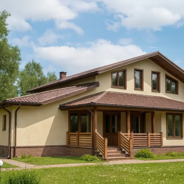 Проект дома «А-404» из СИП-панелей, 404 м² — двухэтажный дом с бежевым фасадом, коричневой крышей и террасой | HotWell.KZ