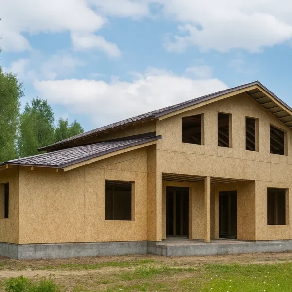 Дом «А-404», 404 м², 1,5 этажа, в черновой отделке: коробка из СИП-панелей OSB-3, двускатная кровля из металлочерепицы, проёмы без окон и дверей, в проёмах видны сосновые балки перекрытия