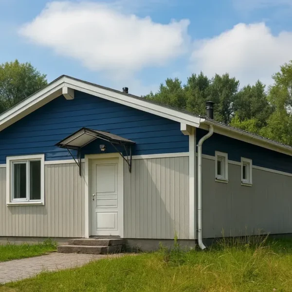 Проект дома «А-61» из СИП-панелей, 61 м² — одноэтажный дом с синим и серым фасадом, белой крышей и крытым крыльцом | HotWell.KZ