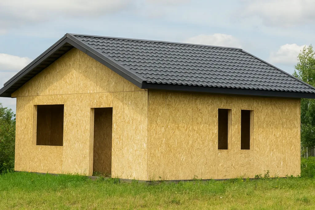 Проект дома «А-61Б» из СИП-панелей, 61 м² — одноэтажный дом с деревянным фасадом и серой крышей | HotWell.KZ