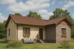 Проект дома «А-72» из СИП-панелей, 72 м² — одноэтажный дом с бежевым фасадом, коричневой крышей и крыльцом | HotWell.KZ