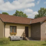 Проект дома «А-72» из СИП-панелей, 72 м² — одноэтажный дом с бежевым фасадом, коричневой крышей и крыльцом | HotWell.KZ