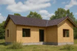 Дом «А-72», 72 м², 1 этаж, в черновой отделке: коробка из СИП-панелей OSB-3, двускатная кровля из металлочерепицы, проёмы без окон и дверей