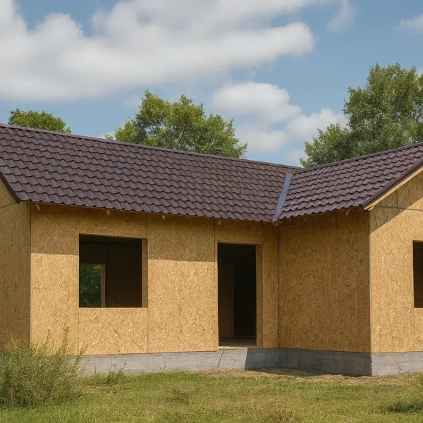 Дом «А-72», 72 м², 1 этаж, в черновой отделке: коробка из СИП-панелей OSB-3, двускатная кровля из металлочерепицы, проёмы без окон и дверей
