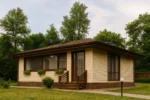 Проект дома «А-80» из СИП-панелей, 80 м² — одноэтажный дом с бежевым фасадом, коричневой крышей и крыльцом | HotWell.KZ