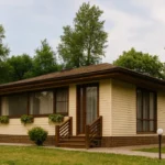 Проект дома «А-80» из СИП-панелей, 80 м² — одноэтажный дом с бежевым фасадом, коричневой крышей и крыльцом | HotWell.KZ
