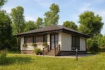 Проект дома «А-80Б» из СИП-панелей, 80 м² — одноэтажный дом с бежевым фасадом, коричневой крышей и крыльцом | HotWell.KZ