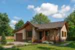 Проект дома «А-80Г» из СИП-панелей, 80 м² — одноэтажный дом с бежевым фасадом, коричневой крышей и гаражом | HotWell.KZ
