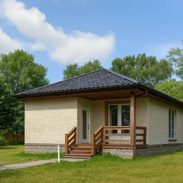 Проект дома «А-80В» из СИП-панелей, 80 м² — одноэтажный дом с бежевым фасадом, тёмной крышей и крыльцом | HotWell.KZ