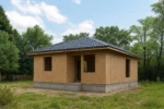 Дом «А-80В», 80 м², 1 этаж, в черновой отделке: коробка из СИП-панелей OSB-3, вальмовая кровля из металлочерепицы, проёмы без окон и дверей