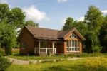 Проект дома «А-85Б» из СИП-панелей, 85 м² — одноэтажный дом с коричневым фасадом, коричневой крышей и террасой | HotWell.KZ