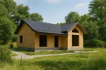 Дом «А-85Б», 85 м², 1 этаж, в черновой отделке: коробка из СИП-панелей OSB-3, двускатная кровля из металлочерепицы, проёмы без окон и дверей
