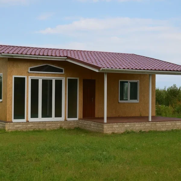 Проект дома «А-85Д» из СИП-панелей, 85 м² — одноэтажный дом с коричневым фасадом, красной крышей и террасой | HotWell.KZ
