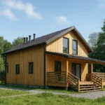 Проект дома «А-85Г» из СИП-панелей, 85 м² — двухэтажный дом с деревянным фасадом, коричневой крышей и террасой | HotWell.KZ