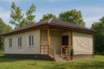 Проект дома «А-87» из СИП-панелей, 87 м² — одноэтажный дом с бежевым фасадом, коричневой крышей и крытым крыльцом | HotWell.KZ