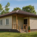 Проект дома «А-87» из СИП-панелей, 87 м² — одноэтажный дом с бежевым фасадом, коричневой крышей и крытым крыльцом | HotWell.KZ