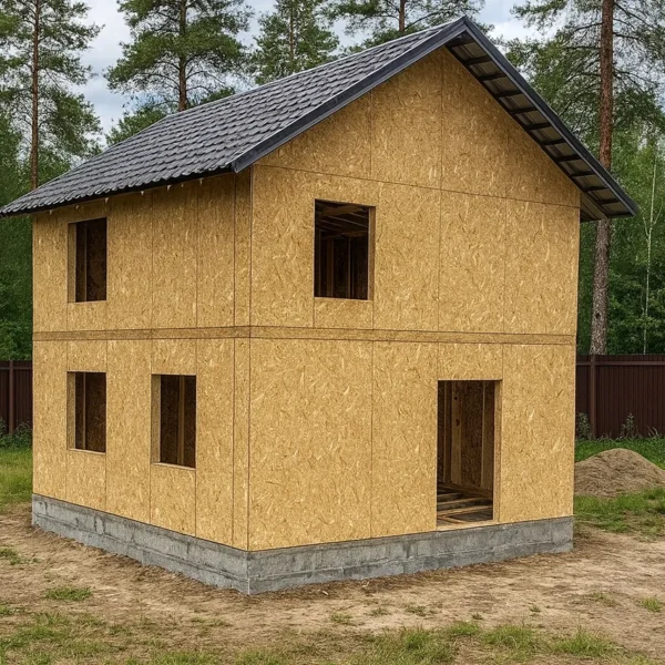 Дом «А-99», 99 м², 2 этажа, в черновой отделке: коробка из СИП-панелей OSB-3, двускатная кровля из металлочерепицы, проёмы без окон и дверей, в проёмах видны сосновые балки перекрытия