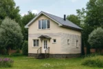 Проект дома «Б-102» из СИП-панелей, 102 м² — двухэтажный дом с бежевым фасадом, серой крышей и крыльцом | HotWell.KZ