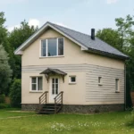 Проект дома «Б-102» из СИП-панелей, 102 м² — двухэтажный дом с бежевым фасадом, серой крышей и крыльцом | HotWell.KZ