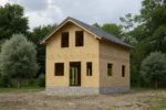 Дом «Б-102», 102 м², 1.5 этажа, в черновой отделке: коробка из СИП-панелей OSB-3, двускатная кровля из металлочерепицы, проёмы без окон и дверей, в проёмах видны сосновые балки перекрытия