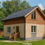 Проект дома «Б-102Б» из СИП-панелей, 102 м² — двухэтажный дом с бежевым фасадом, серой крышей и крыльцом | HotWell.KZ
