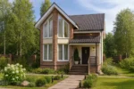 Проект дома «Б-103» из СИП-панелей, 103 м² — двухэтажный дом с кирпичным фасадом, коричневой крышей и крыльцом | HotWell.KZ