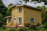 Проект дома «Б-106» из СИП-панелей, 106 м² — двухэтажный дом с жёлтым фасадом, белыми рамами и террасой | HotWell.KZ