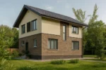 Проект дома «Б-106Б» из СИП-панелей, 106 м² — двухэтажный дом с коричневым фасадом, черной крышей и крыльцом | HotWell.KZ