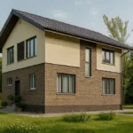 Проект дома «Б-106Б» из СИП-панелей, 106 м² — двухэтажный дом с коричневым фасадом, черной крышей и крыльцом | HotWell.KZ