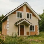 Проект дома «Б-107» из СИП-панелей, 107 м² — двухэтажный дом с бежевым фасадом и коричневой крышей | HotWell.KZ