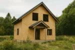 Дом «Б-107», 107 м², 2 этажа, в черновой отделке: коробка из СИП-панелей OSB-3, двускатная кровля из металлочерепицы, проёмы без окон и дверей, в проёмах видны сосновые балки перекрытия