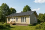 Проект дома «Б-107Б» из СИП-панелей, 107 м² — одноэтажный дом с бежевым фасадом, серой крышей и крыльцом | HotWell.KZ