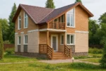 Проект дома «Б-119Е» из СИП-панелей, 119 м² — двухэтажный дом с коричневым фасадом, коричневой крышей и балконом | HotWell.KZ