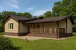 Проект дома «Б-120» из СИП-панелей, 120 м² — одноэтажный дом с бежевым фасадом, коричневой крышей и крытой террасой | HotWell.KZ