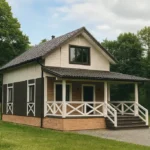 Проект дома «Б-120Б» из СИП-панелей, 120 м² — двухэтажный дом с белым фасадом, серой крышей и крытой террасой | HotWell.KZ
