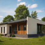 Проект дома «Б-125» из СИП-панелей, 125 м² — одноэтажный дом с белым фасадом, серой крышей и террасой | HotWell.KZ