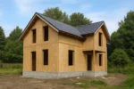 Дом «Б-125Б», 125 м², 1.5 этажа, в черновой отделке: коробка из СИП-панелей OSB-3, двускатная кровля из металлочерепицы, проёмы без окон и дверей, в проёмах видны сосновые балки перекрытия