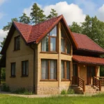 Проект дома «Б-126» из СИП-панелей, 126 м² — двухэтажный дом с бежевым фасадом, красной крышей и крыльцом | HotWell.KZ