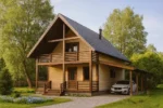 Проект дома «Б-131» из СИП-панелей, 131 м² — двухэтажный дом с деревянным фасадом, серой крышей и балконом | HotWell.KZ