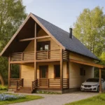 Проект дома «Б-131» из СИП-панелей, 131 м² — двухэтажный дом с деревянным фасадом, серой крышей и балконом | HotWell.KZ