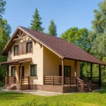 Проект дома «Б-131В» из СИП-панелей, 131 м² — двухэтажный дом с бежевым фасадом, коричневой крышей и террасой | HotWell.KZ