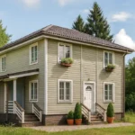 Проект дома «Б-134» из СИП-панелей, 134 м² — двухэтажный дом с бежевым фасадом, серой крышей и крыльцом | HotWell.KZ