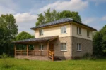 Проект дома «Б-135» из СИП-панелей, 135 м² — двухэтажный дом с бежевым фасадом, серой крышей и террасой | HotWell.KZ